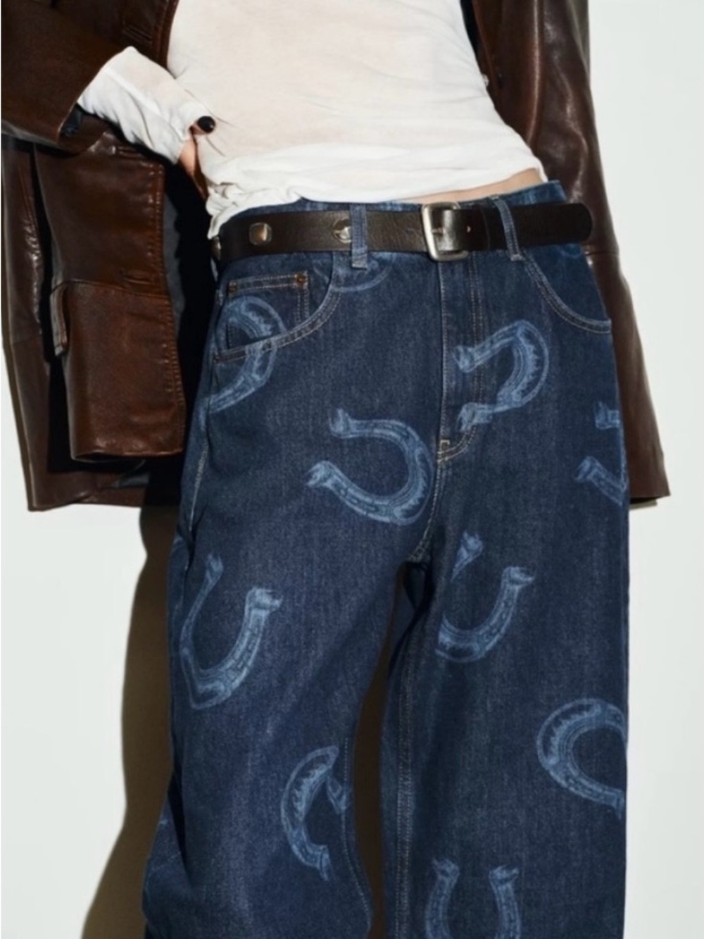 Zara Dark Blue Straight-Leg Horseshoe Printed Cowboy Western Denim Jeans - Picture 11 of 12